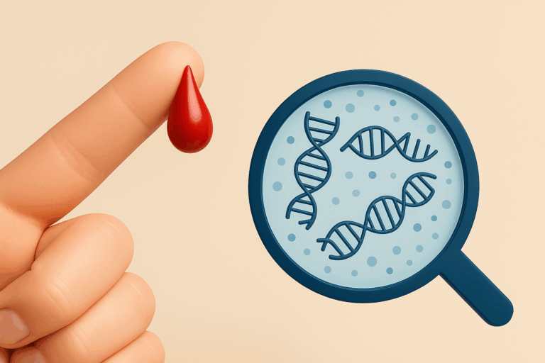 a finger with a blood drop and a magnifying glass