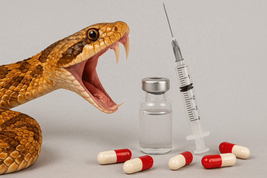 a snake with its mouth open next to a syringe and pills