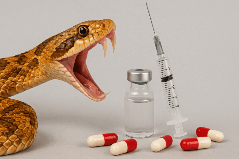 a snake with its mouth open next to a syringe and pills