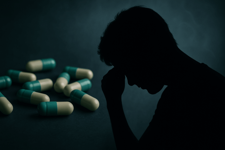 a silhouette of a man with his head in his hand next to pills