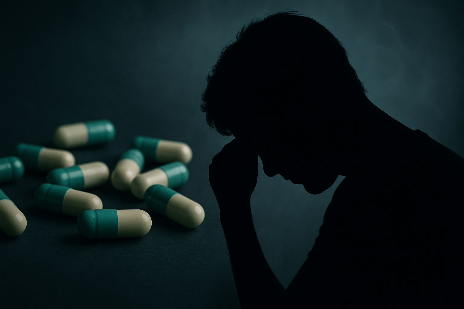a silhouette of a man with his head in his hand next to pills